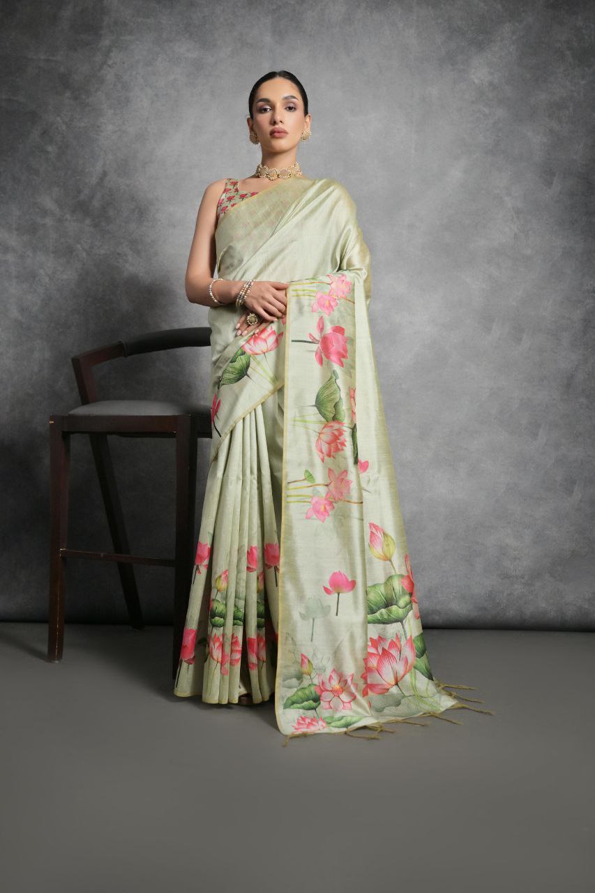 Lotus Printed Tussar Silk Saree In Pista