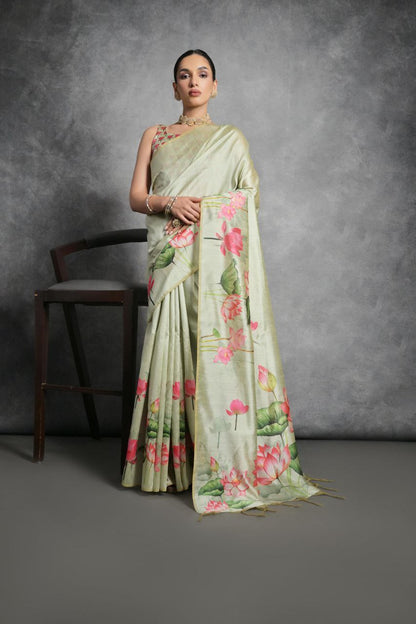 Lotus Printed Tussar Silk Saree In Pista