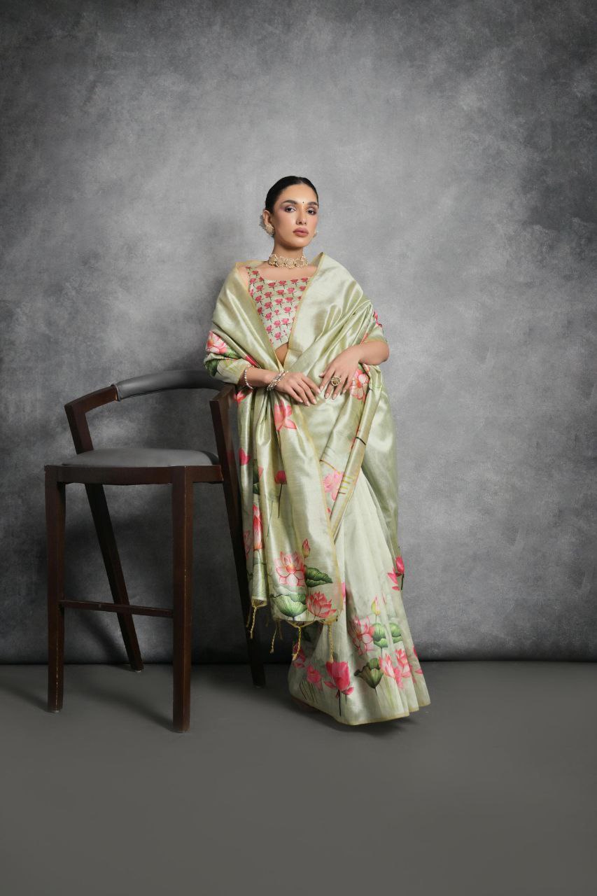 Lotus Printed Tussar Silk Saree In Pista