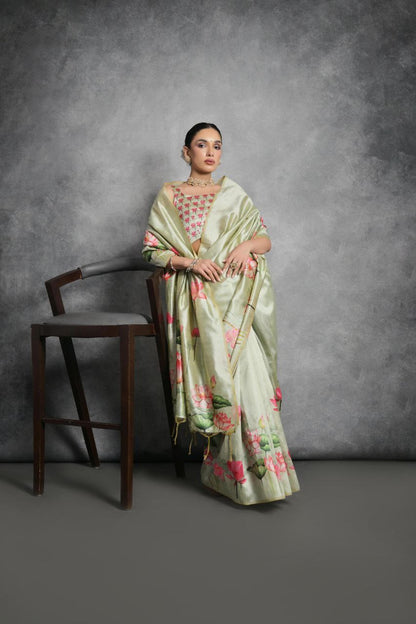 Lotus Printed Tussar Silk Saree In Pista