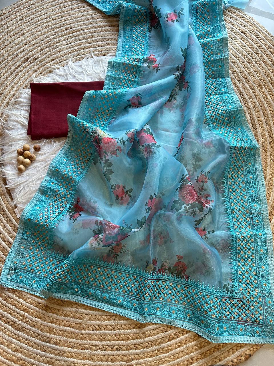 Sky Lucknowi Worked Organza Saree