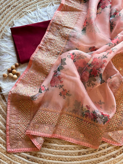 Peach Lucknowi Worked Organza Saree