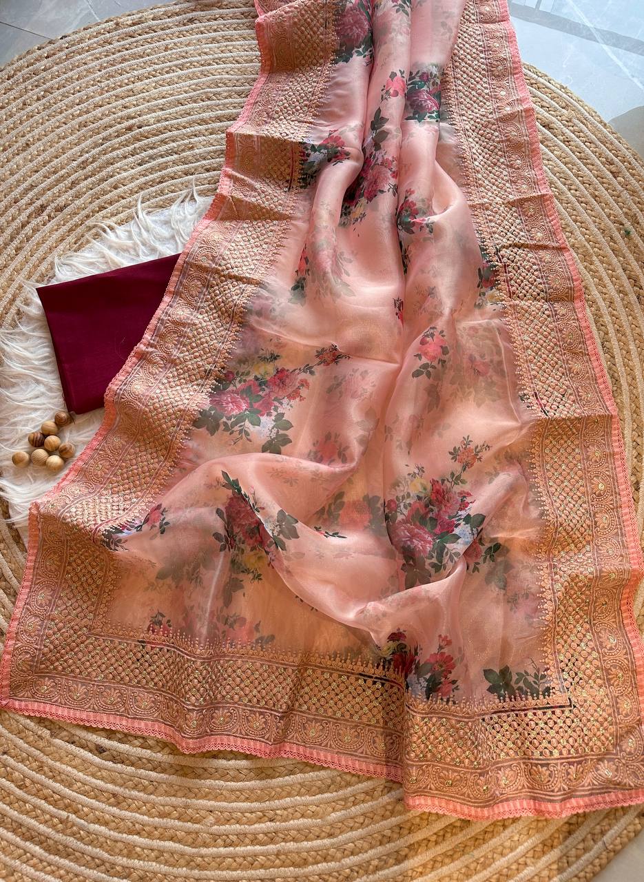 Peach Lucknowi Worked Organza Saree