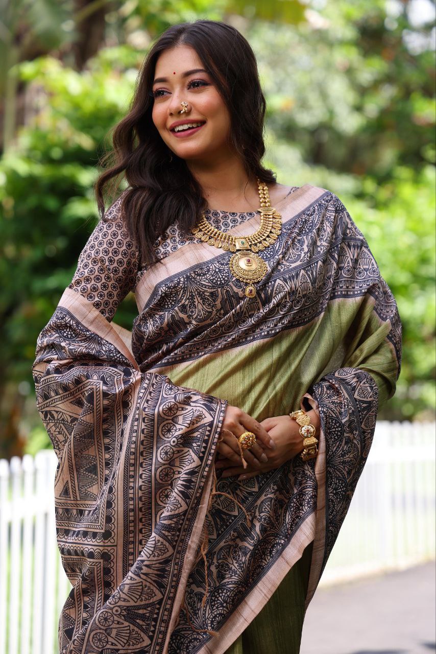 Mehendi Madhubani Printed Tussar Silk Saree