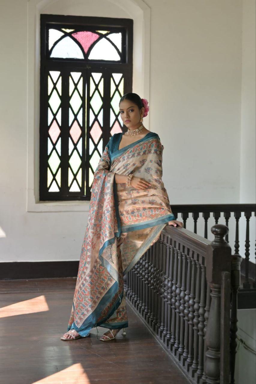 Madhubani Printed Tussar Silk Saree