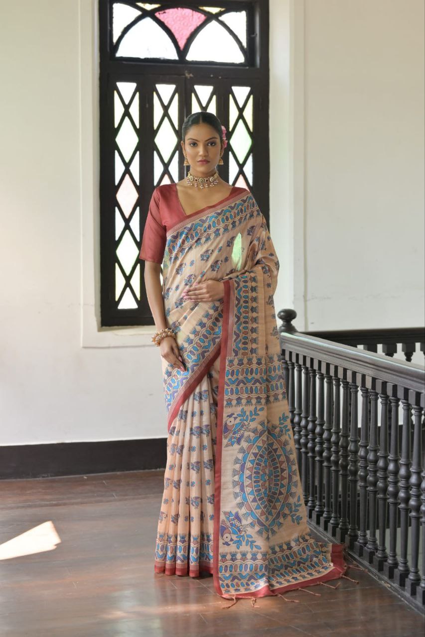 Madhubani Printed Tussar Silk Saree