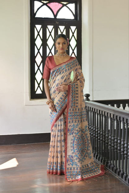 Madhubani Printed Tussar Silk Saree