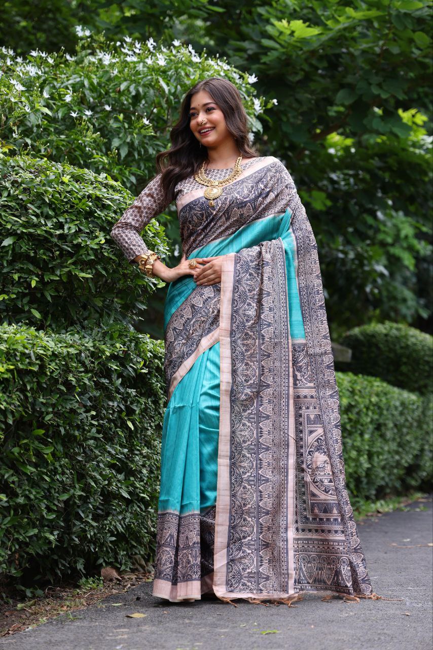 Aqua Madhubani Printed Tussar Silk Saree