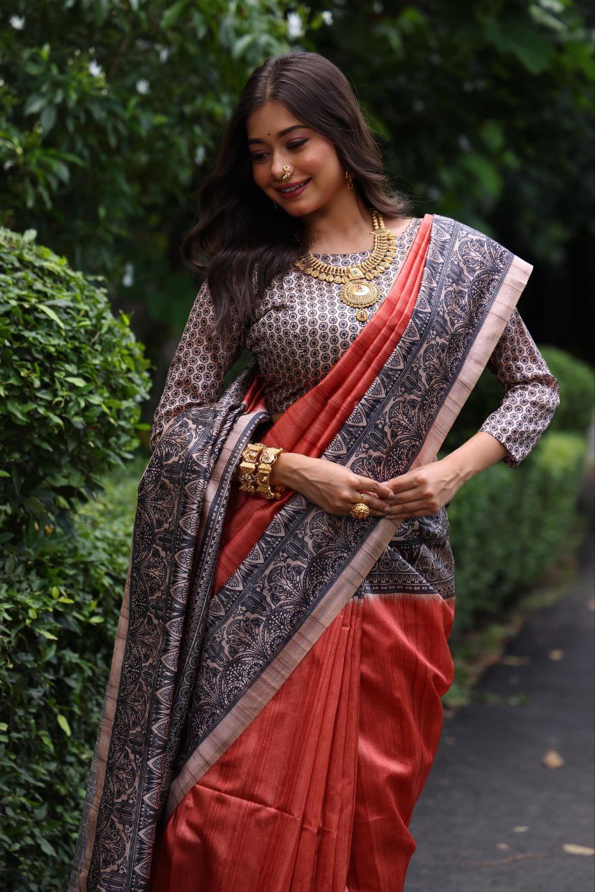 Madhubani Printed Tussar Silk Saree