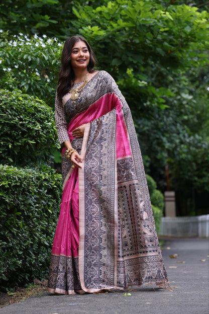 Pink Madhubani Printed Tussar Silk Saree