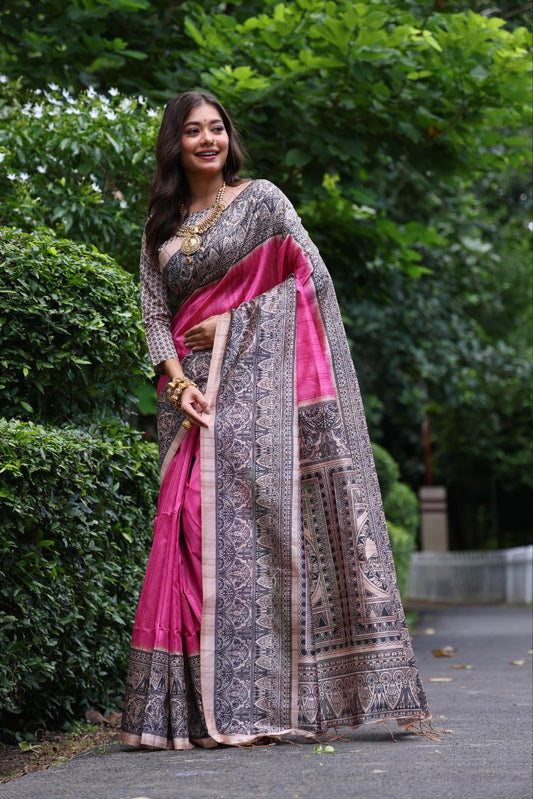 Pink Madhubani Printed Tussar Silk Saree
