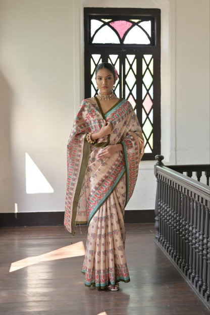 Madhubani Printed Tussar Silk Saree