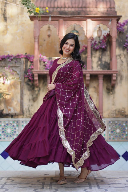 Magenta Traditional Indian Gown Dress With Dupatta