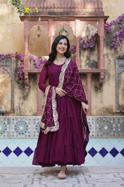 Magenta Traditional Indian Gown Dress With Dupatta