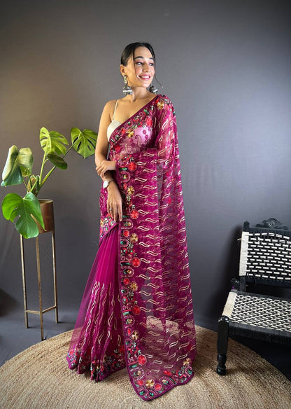 Magenta Designer Butterfly Net Saree