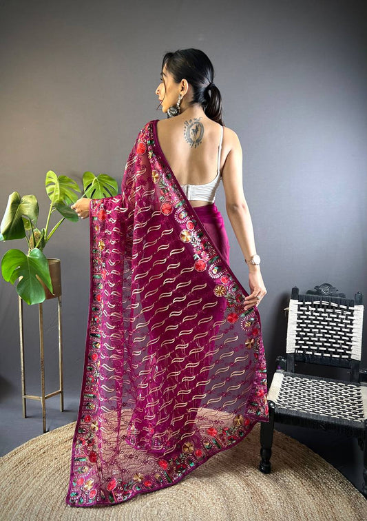 Magenta Designer Butterfly Net Saree