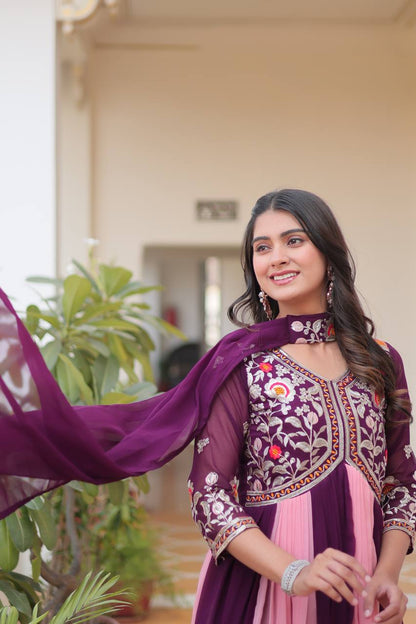 Magenta & Peach Designer Georgette Gown With Dupatta