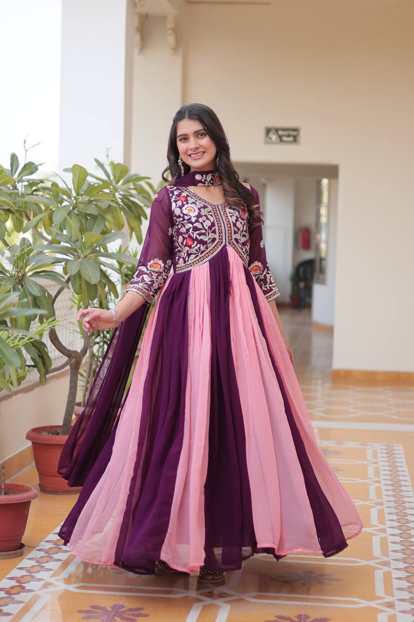 Magenta & Peach Designer Georgette Gown With Dupatta