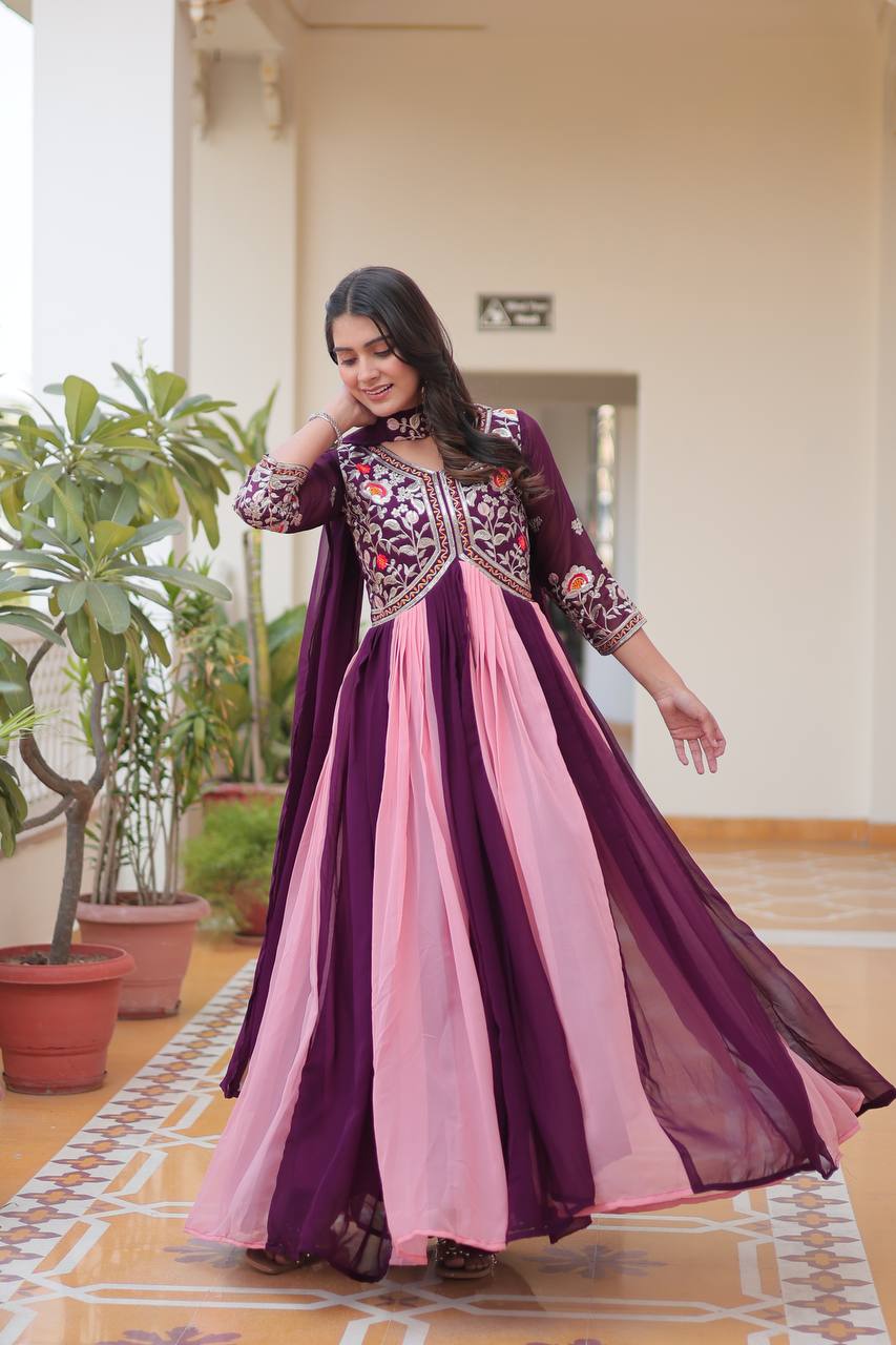 Magenta & Peach Designer Georgette Gown With Dupatta