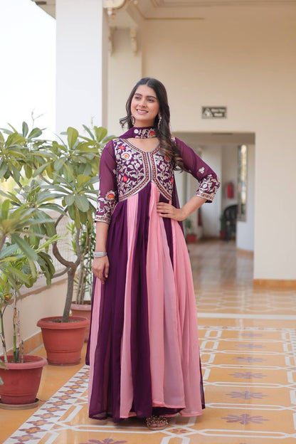 Magenta & Peach Designer Georgette Gown With Dupatta