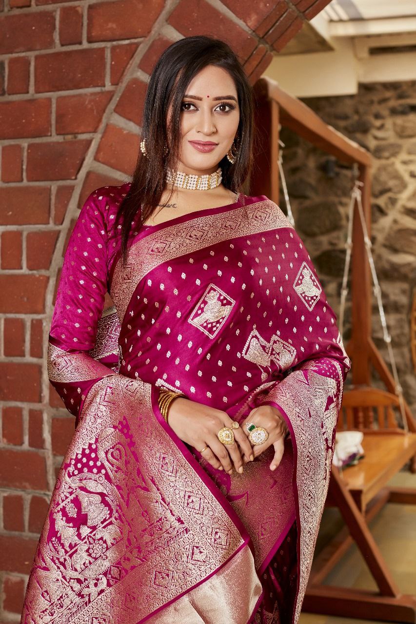 Magenta Pure Kanjivaram Soft Satin Silk Saree
