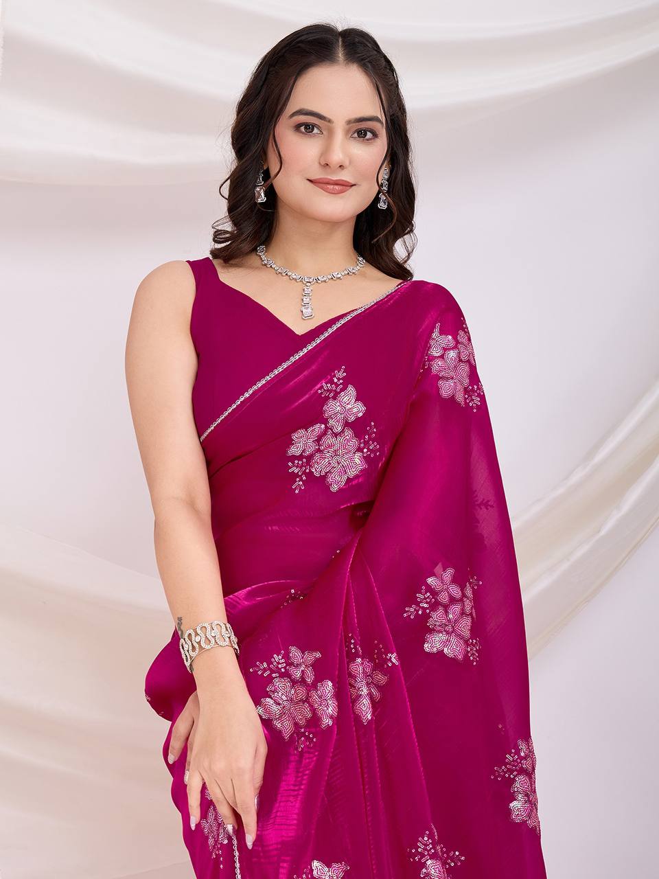 Magenta Wine Party Wear Zimmy Choo Silk Saree