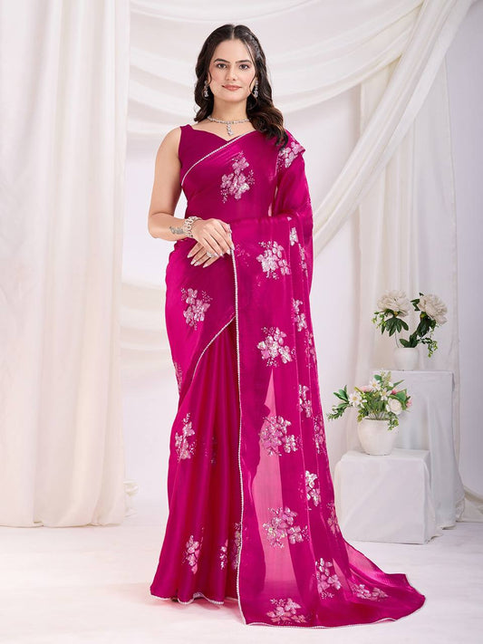 Magenta Wine Party Wear Zimmy Choo Silk Saree