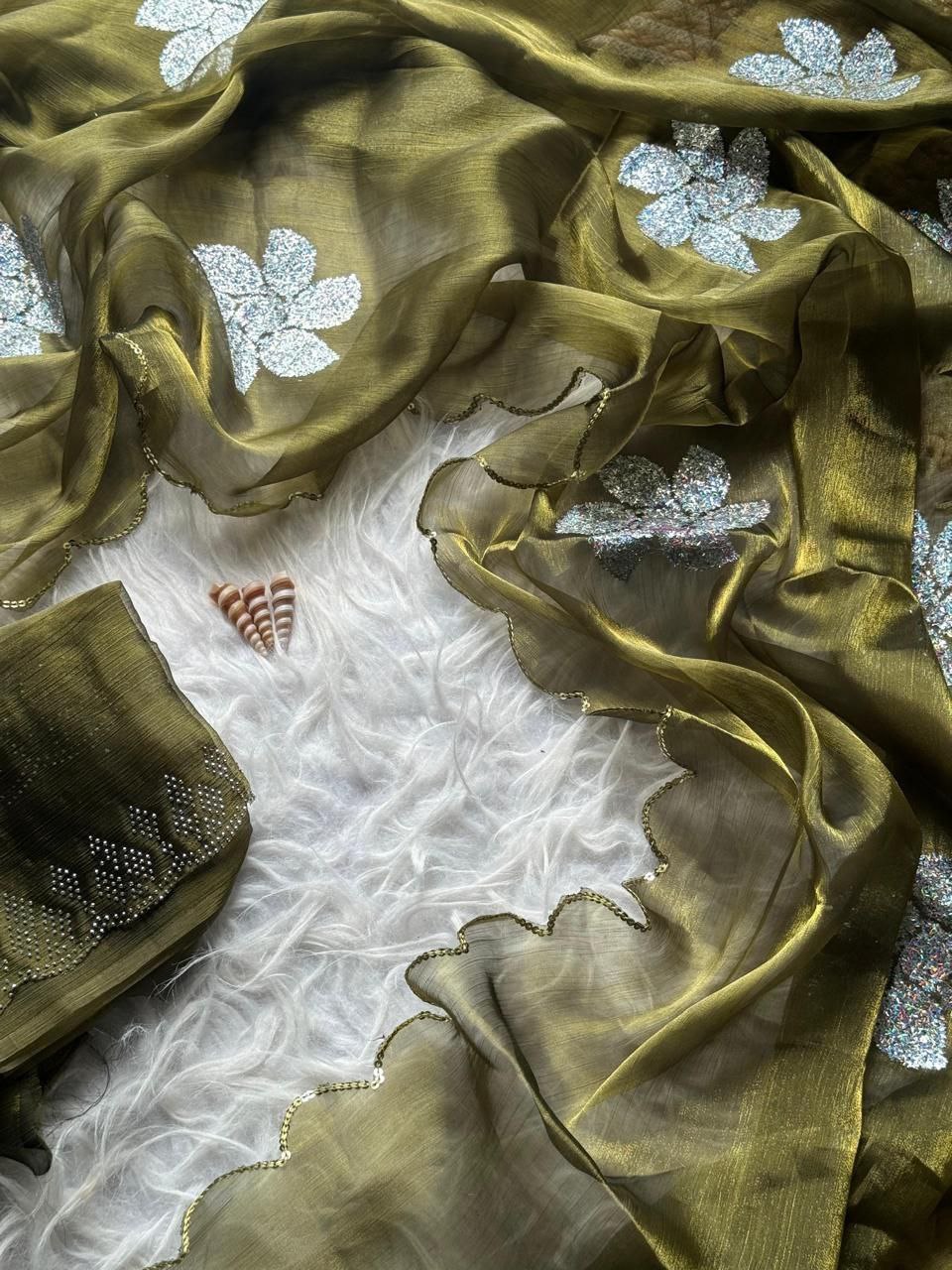 Olive Zimmy Choo Shimmer Tissue Saree