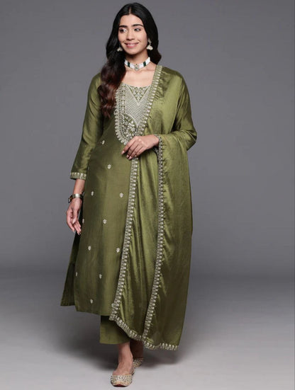 Mahendi Chanderi Silk Kurta Set With Dupatta