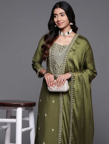 Mahendi Chanderi Silk Kurta Set With Dupatta