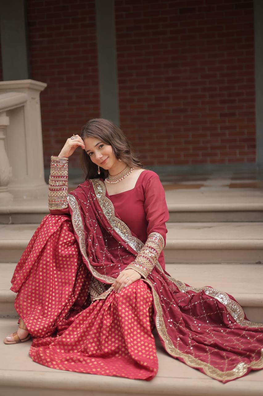 Maroon Designer Readymade Top-sharara-dupatta