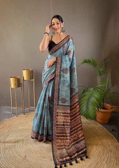 Marble Blue Cotton Tussar Silk Saree