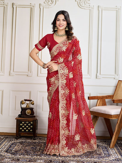 Maroon Bandhani Printed Georgette Saree