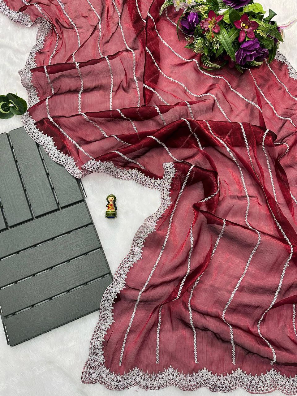 Maroon Designer Burberry Silk Saree