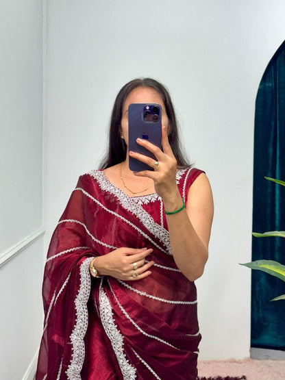 Maroon Designer Burberry Silk Saree