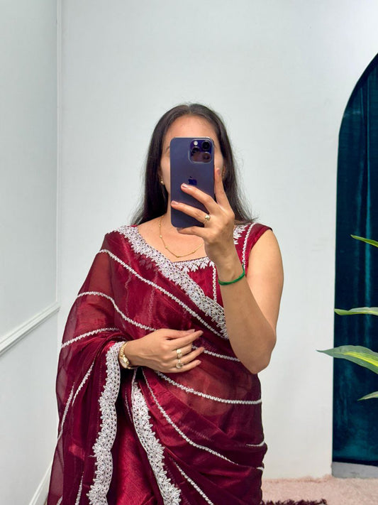 Maroon Designer Burberry Silk Saree