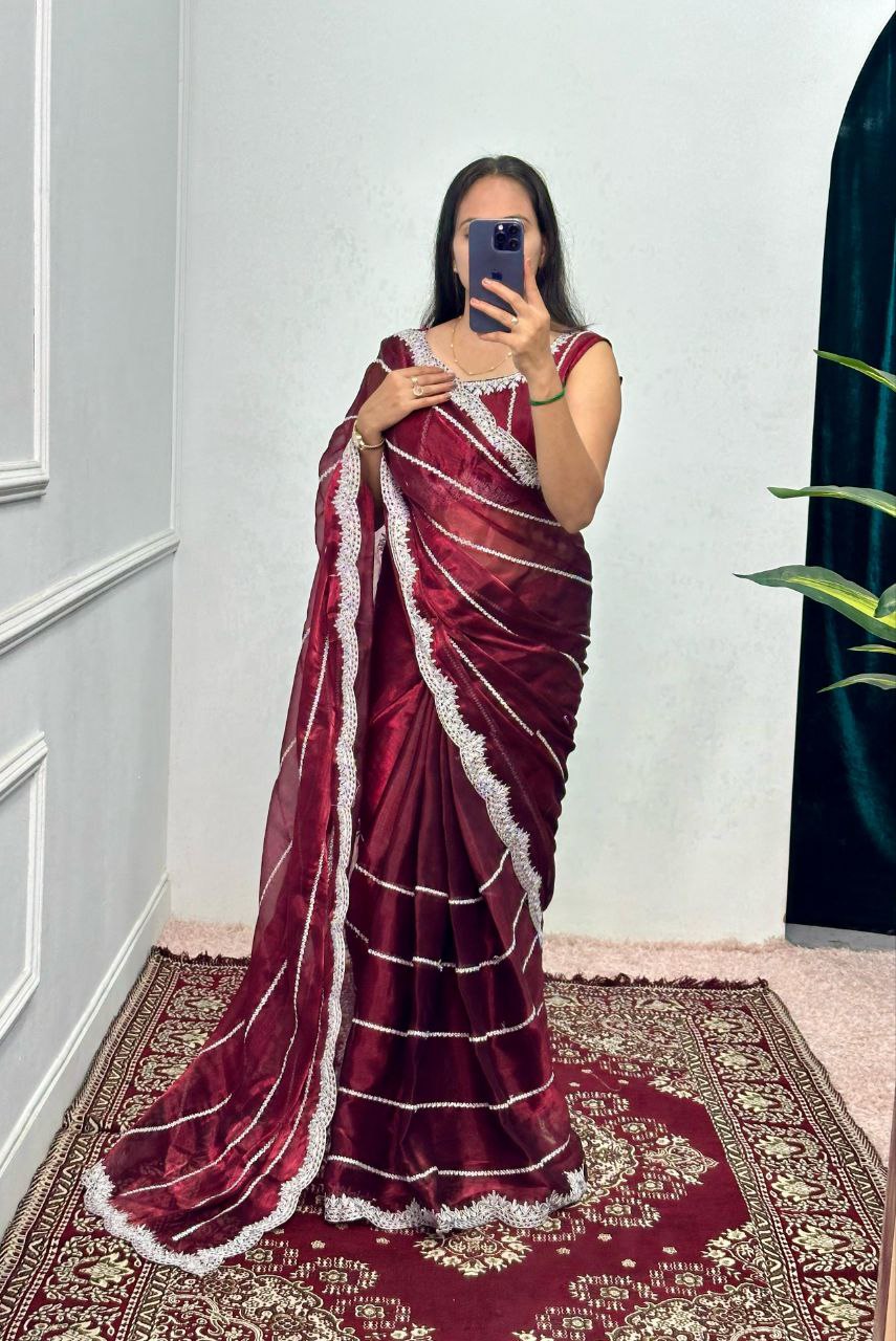 Maroon Designer Burberry Silk Saree