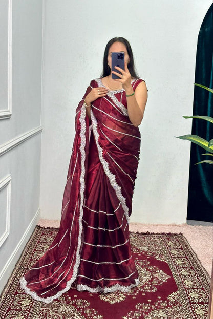 Maroon Designer Burberry Silk Saree