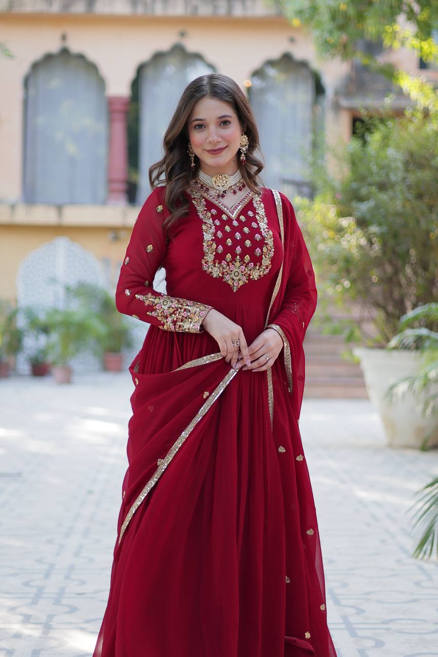 Maroon Designer Georgette Gown With Dupatta