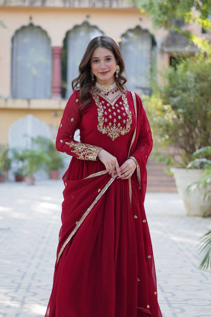 Maroon Designer Georgette Gown With Dupatta