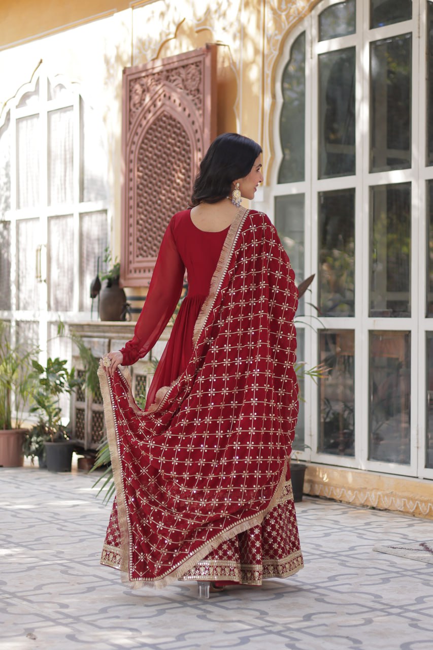 Maroon Designer Georgette Gown With Dupatta