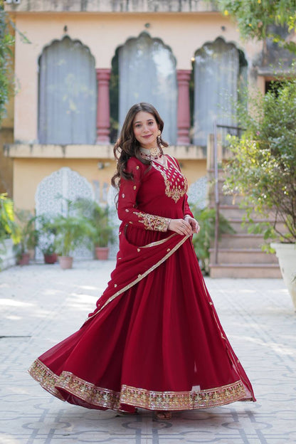 Maroon Designer Georgette Gown With Dupatta
