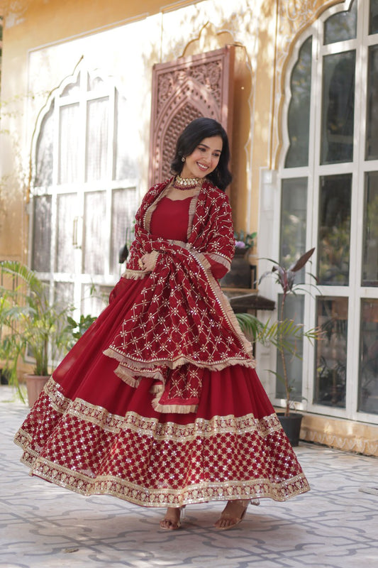 Maroon Designer Georgette Gown With Dupatta