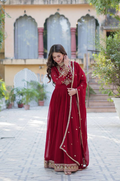 Maroon Designer Georgette Gown With Dupatta