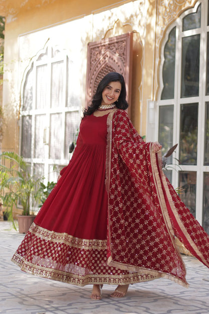 Maroon Designer Georgette Gown With Dupatta