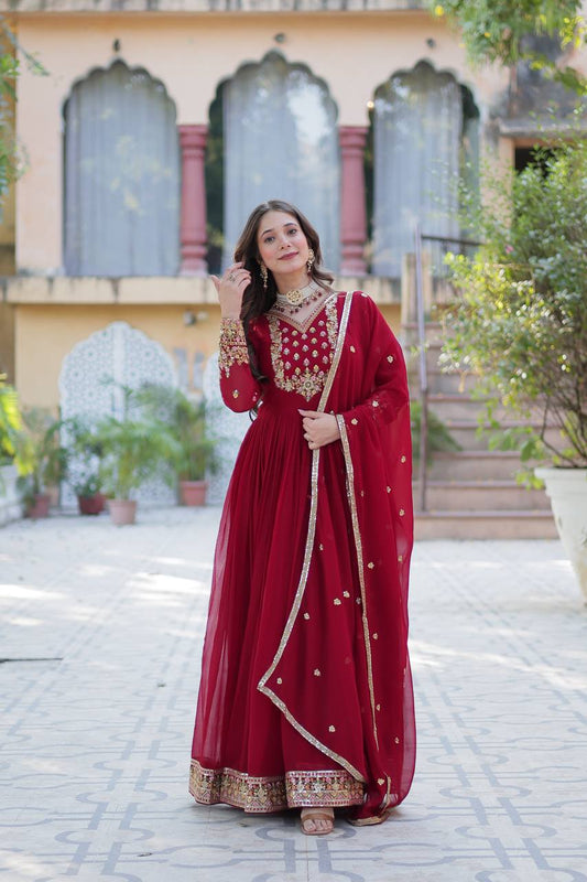 Maroon Designer Georgette Gown With Dupatta