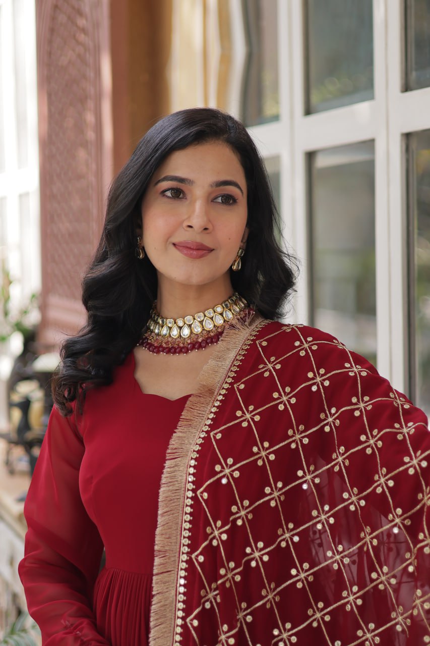 Maroon Designer Georgette Gown With Dupatta