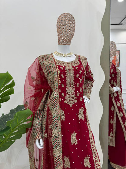 Maroon Designer Georgette Top & Palazzo With Dupatta | Replica Design