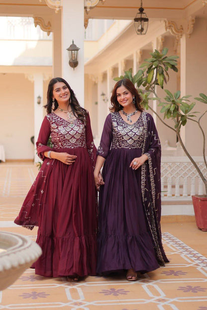 Maroon Designer Long Gown Dress With Dupatta