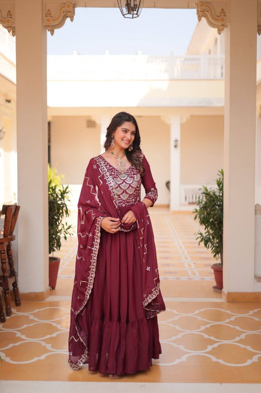 Maroon Designer Long Gown Dress With Dupatta